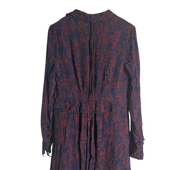 Jason Wu Navy Red Floral Print Tie Neck Long Sleeve Midi Shirt Dress Size 8 - Picture 12 of 16